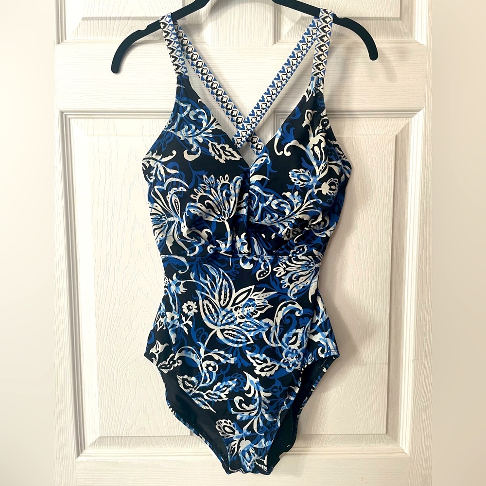 Tommy Bahama Size 10 Blue White Cross Back Straps One Piece Swimsuit Womens